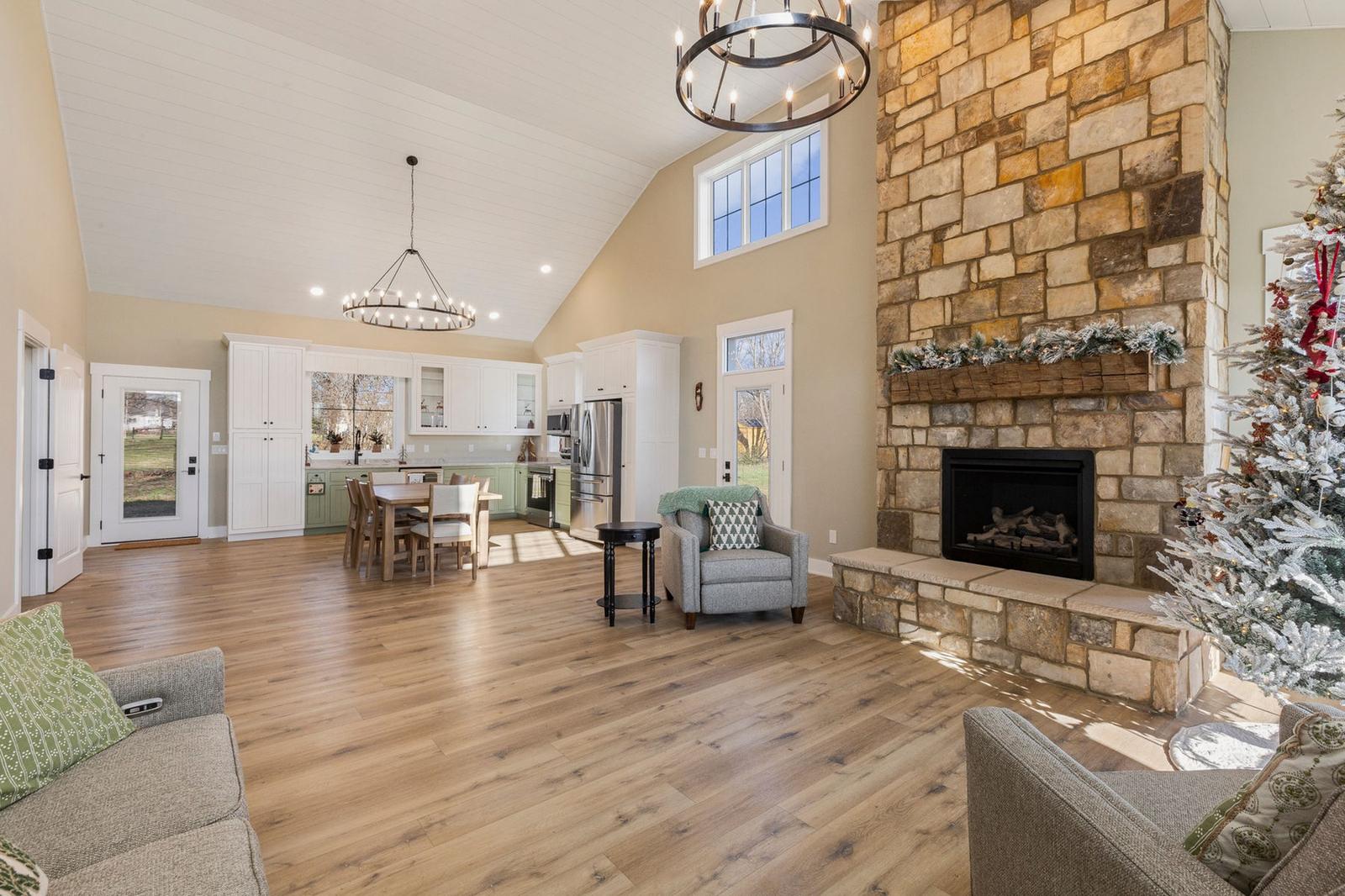 Kress Cottage great room with stone fireplace